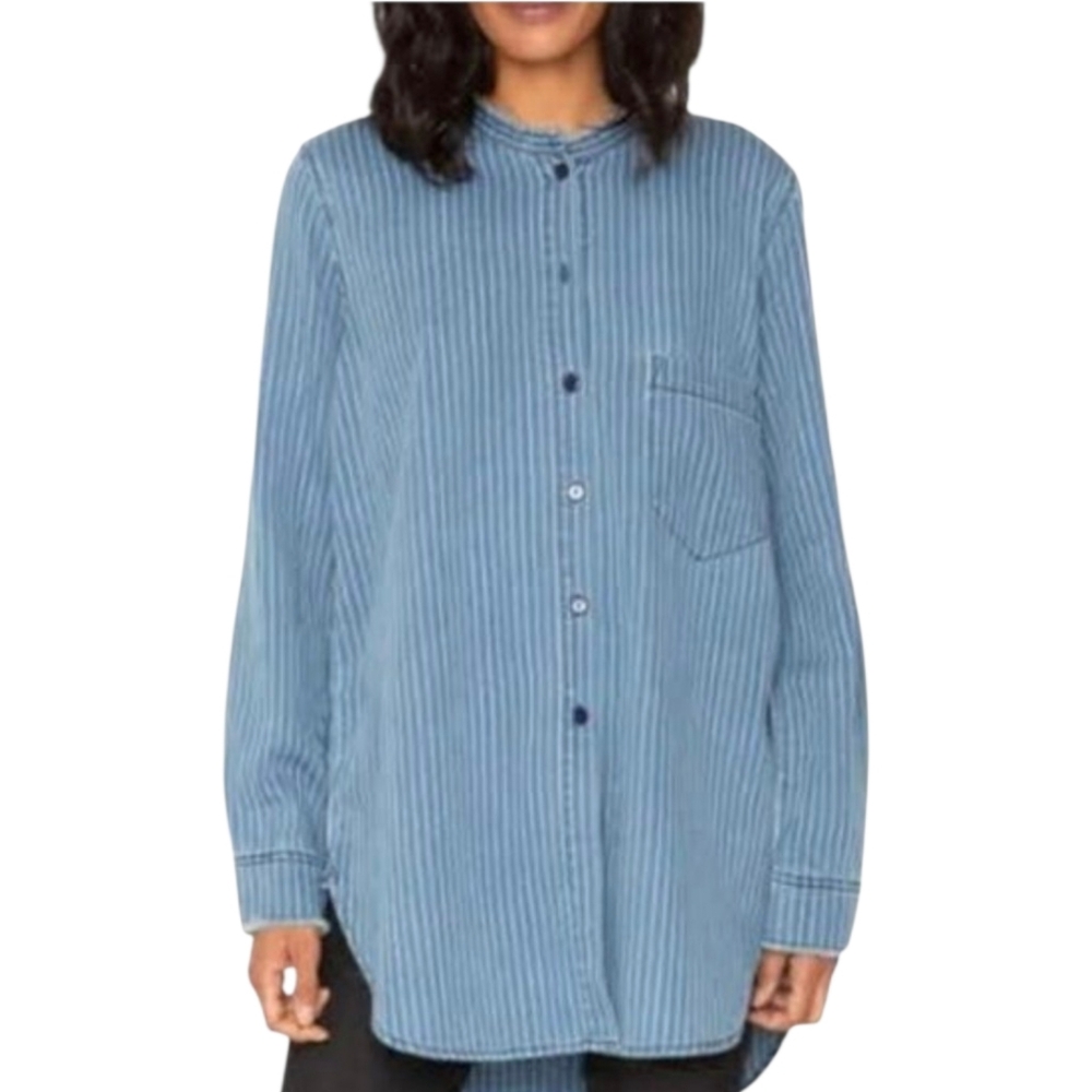 Sandrine Rose x Free People Mandarin  Pinstripe Frayed Tunic Denim Shirt Sz M
